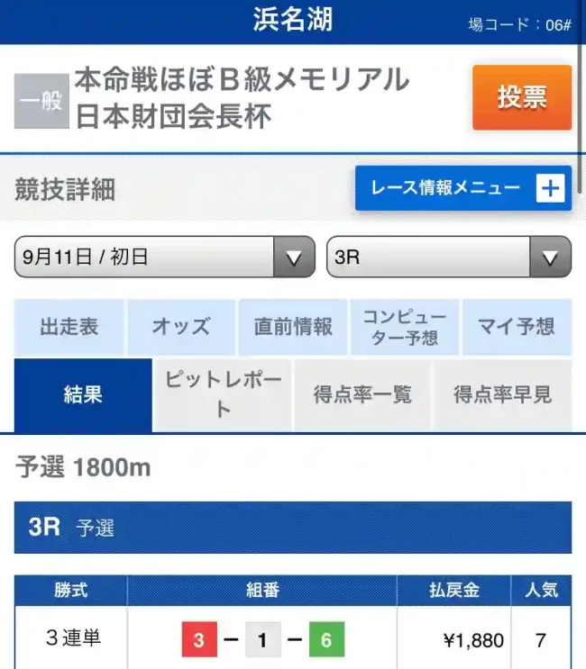 AE064813-5147-4476-8D66-8BD577085BF7 - 競艇お姉さんありさちゃん! 競艇予想サイト「エンカウント」の9/11提供プラン「無料情報」のレース結果詳細キャプション