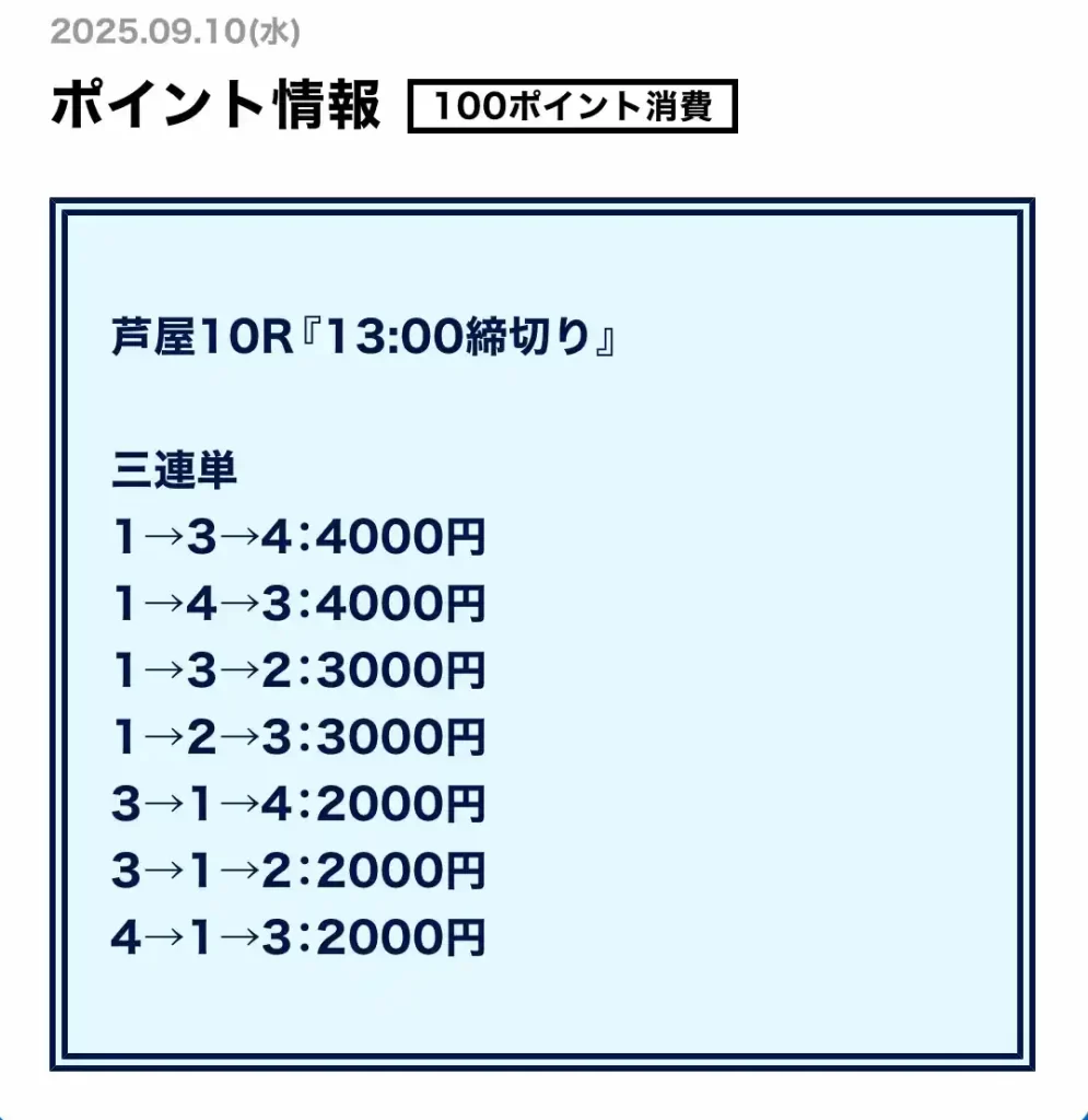IMG_1466 2 - 競艇お姉さんありさちゃん! 競艇予想サイト『ATARCA(アタルカ)』で提供されているポイント情報の買い目のキャプ