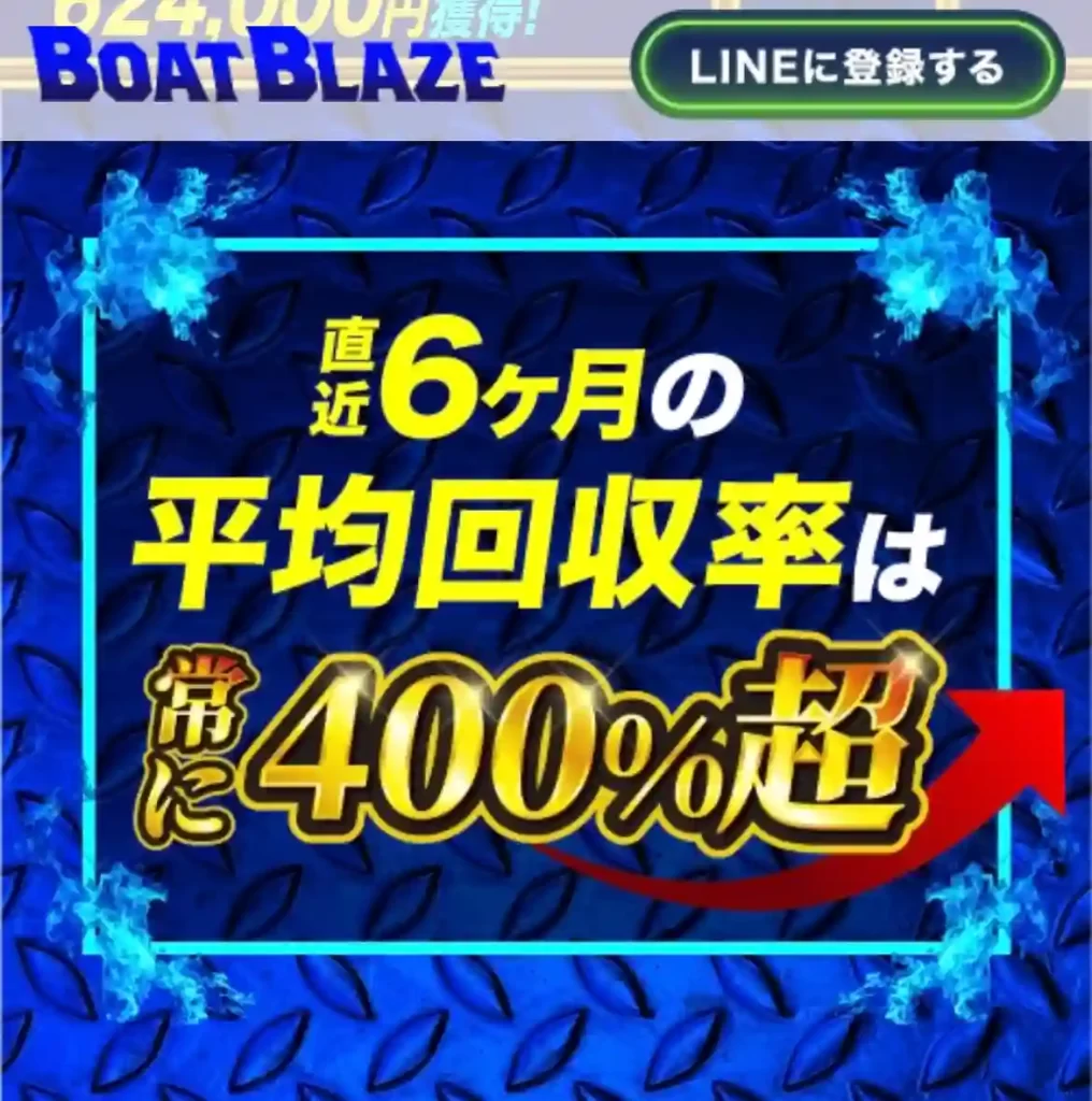 8F06119F-30DD-40B2-9C40-FA19DB35C85E - 競艇お姉さんありさちゃん! 競艇予想サイト「ボートブレイズ」の非会員トップページの「直近6ヶ月の平均回収率は常に400%超」という記載キャプション